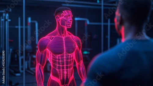 Futuristic Fitness Visualization of a Human Body with Neon Muscle Structure in a Modern Gym Setting Featuring Advanced Technology and Health Awareness