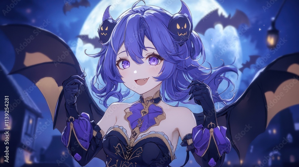 Bat girl in a Halloween costume with a bright moon background. Bat girl in a Halloween costume with a bright moon background.