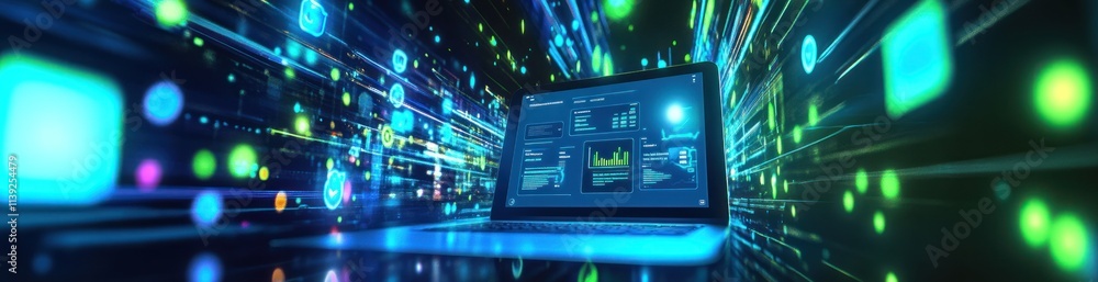 Laptop displaying graphs, data, luminous dots, fast speed effect. Laptop displaying graphs, data, luminous dots, fast speed effect.