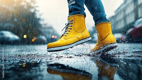 A pair of vibrant yellow rain boots gently hovering mid air with puddle reflections below against a backdrop of dark gray and light yellow hues capturing the essence of a cheerful rainy day