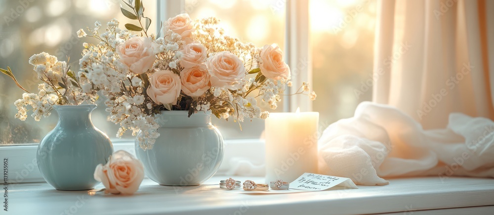 Peach roses in vases on windowsill with candle and note. Peach roses in vases on windowsill with candle and note.