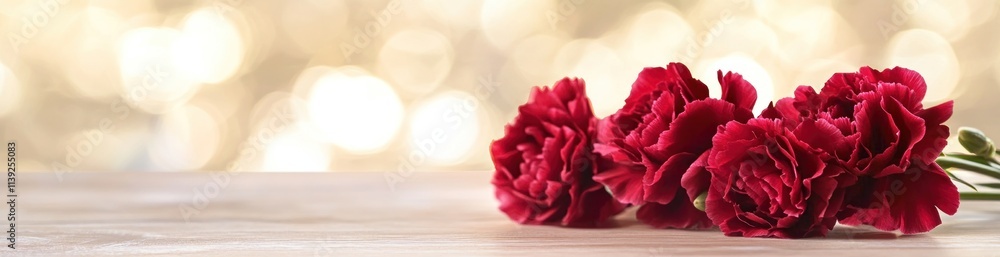 Red carnations on wooden surface with blurred bokeh background. Red carnations on wooden surface with blurred bokeh background.