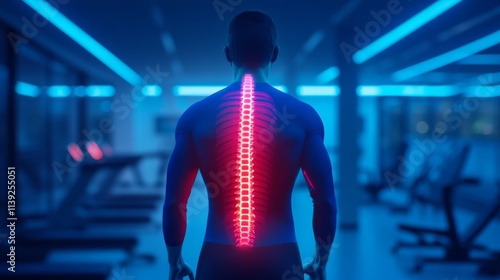 Human Male Figure with Glowing Spine Visualization in Modern Gym Environment, Emphasizing Health, Fitness, and Wellbeing for Stock Photography Use