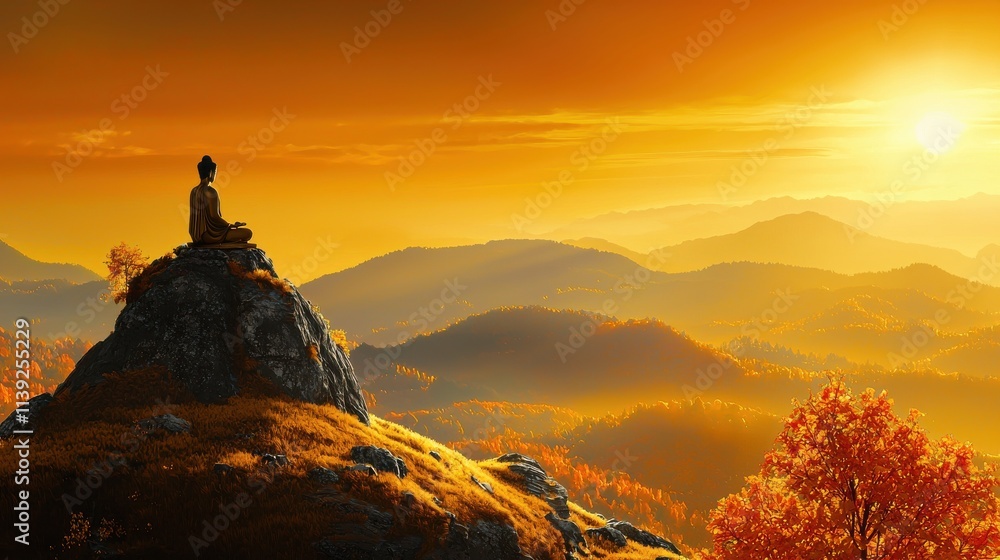 Fototapeta premium Buddha statue illuminated at sunrise hilltop landscape nature photography serene environment elevated viewpoint spiritual concept