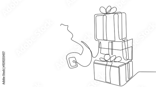Self-drawing of Santa with gift one line. 2D animation of drawing a chocolate bar over the fireplace. 4k stock video with alpha channel for whiteboard, chalkboard, presentation High quality 4k footage