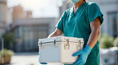 Healthcare worker in teal scrubs and blue gloves carefully carries a white medical transport container outdoors, possibly containing organs or specimens.