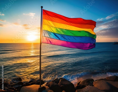 pride flag gay pride lgbtq rainbow colored flag by the ocean sunny blue sky beautiful beach sea view  photo