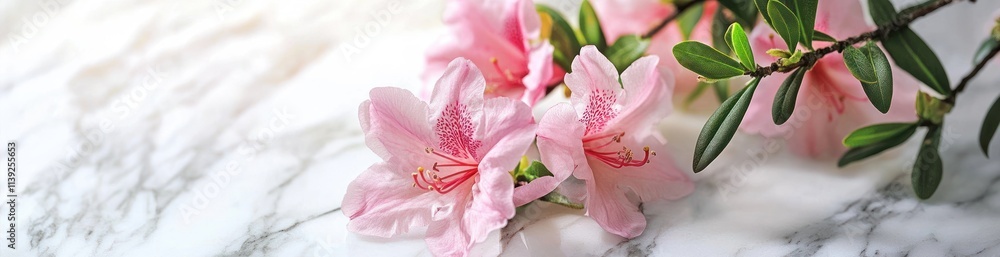 Pink azalea blooms on marble surface, soft light. Pink azalea blooms on marble surface, soft light.