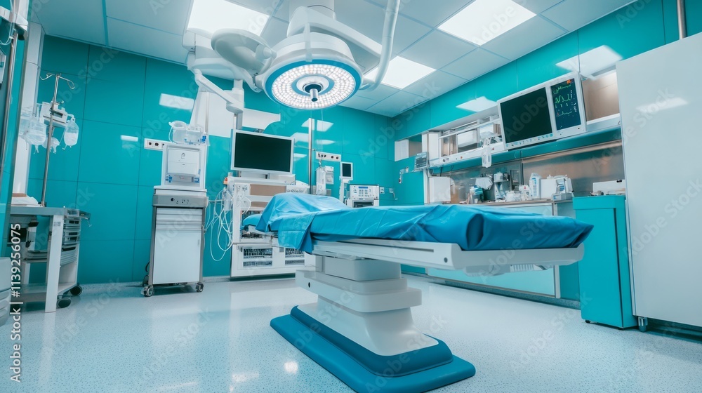 Modern Surgical Operating Room with Blue Surgery Bed and Advanced Medical Equipment in a Clean, Bright Environment Designed for Patient Care and Safety Modern Surgical Operating Room with Blue Surgery Bed and Advanced Medical Equipment in a Clean, Bright Environment Designed for Patient Care and Safety