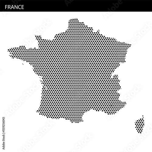 Black dot map of France showcasing geographical outline and features