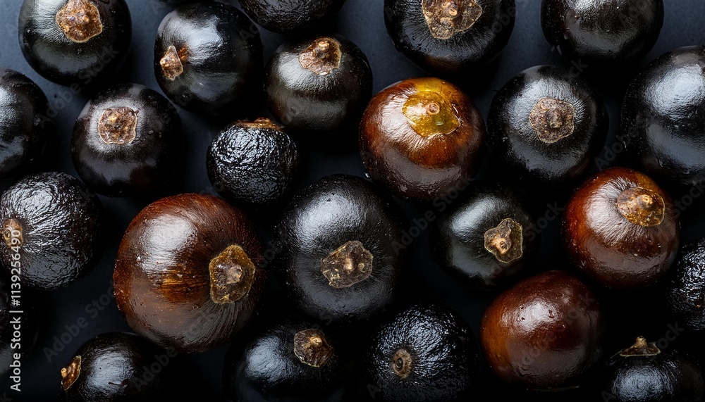 Fototapeta premium Flat Lay Top View of Bright Ripe Fragrant Black Guarana Fruit as Background
