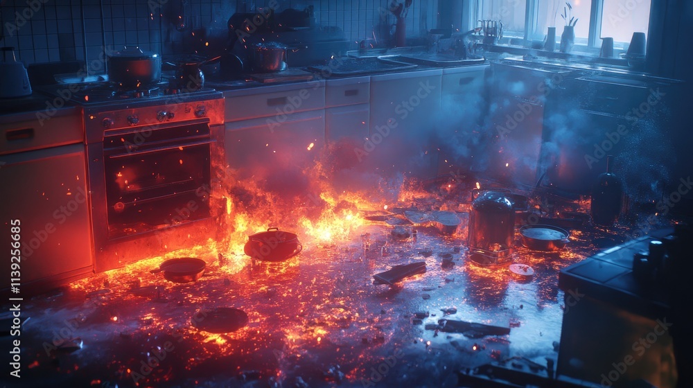 Fiery Kitchen Inferno Embraces Cooking Utensils Fiery Kitchen Inferno Embraces Cooking Utensils