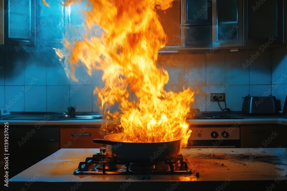 Kitchen Pan Fire Burning Intensely On Stovetop Kitchen Pan Fire Burning Intensely On Stovetop