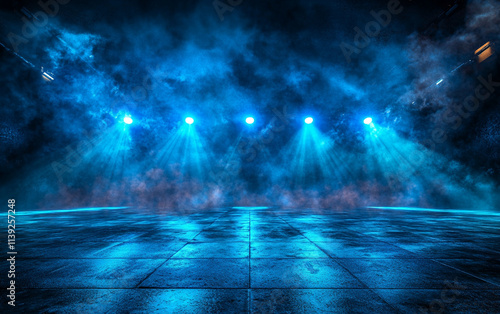 Wallpaper Mural Futuristic blue neon searchlights illuminate misty stage, creating dramatic atmosphere Torontodigital.ca