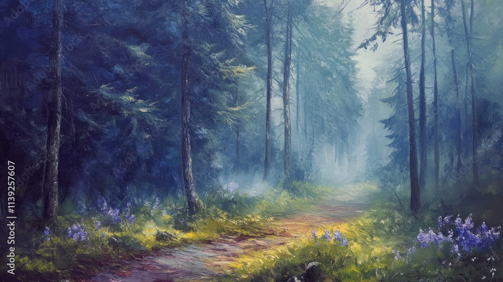 Fototapeta premium Enchanted Forest Path: A Misty Morning Walk