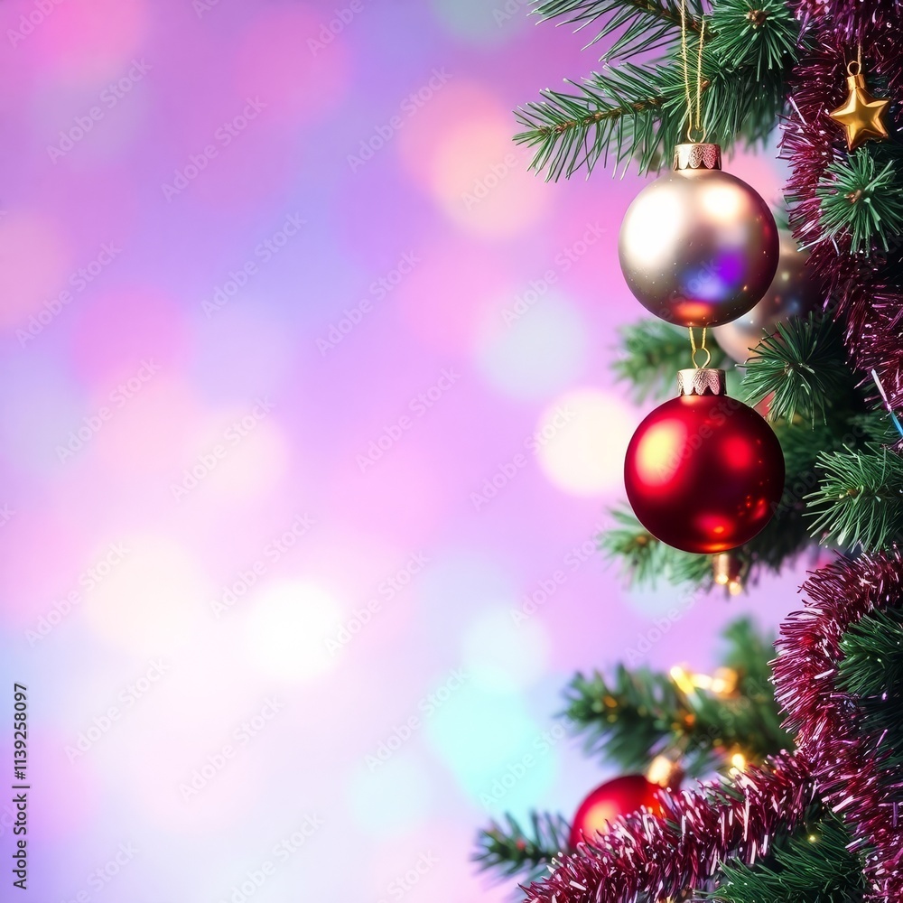 Fototapeta premium Elegant Christmas tree branch with red and gold decorations on a plain blurred background, with space for text