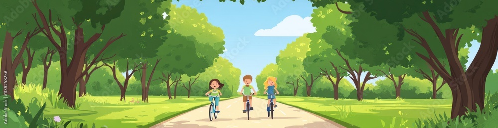 Three people biking along park path through green trees. Three people biking along park path through green trees.