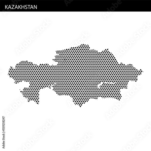 Map outline of Kazakhstan illustrated in hexagonal dotted design on white background