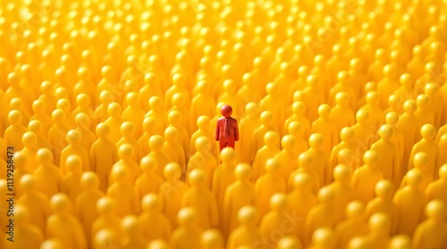 One Red Figurine Stands Out Among a Crowd of Yellow Figurines, Representing Individuality and Uniqueness in a Conformist Society