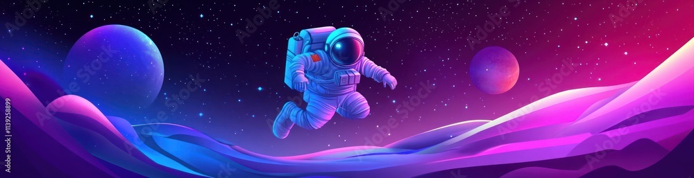 Astronaut floats in space with planets and star field background. Astronaut floats in space with planets and star field background.