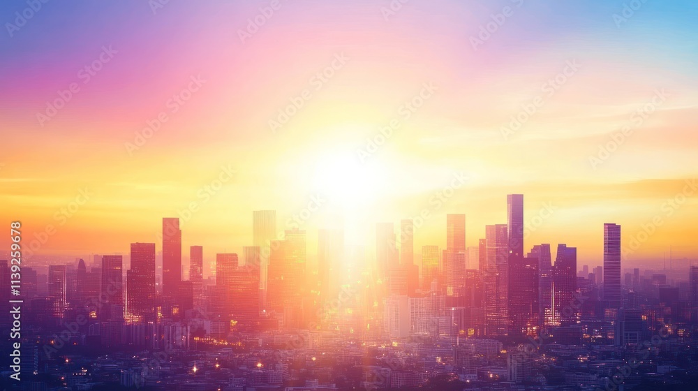 Vibrant cityscape view during sunrise with bokeh effect. Vibrant cityscape view during sunrise with bokeh effect.