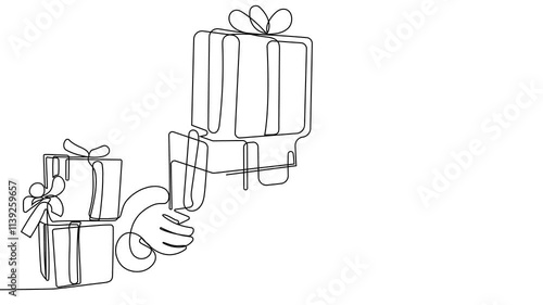 Self-drawing of Santa with gift one line. 2D animation of drawing a chocolate bar over the fireplace. 4k stock video with alpha channel for whiteboard, chalkboard, presentation High quality 4k footage
