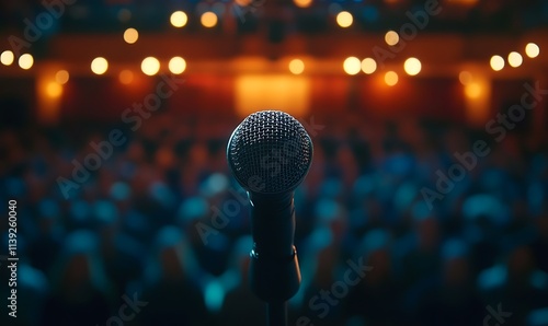 A microphone stands on the stage of an auditorium filled with people, closeup with a blurred background, Generative Ai