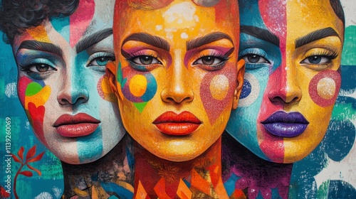 Wallpaper Mural Three Smiling Women in Vibrant Makeup, Abstract Art Torontodigital.ca