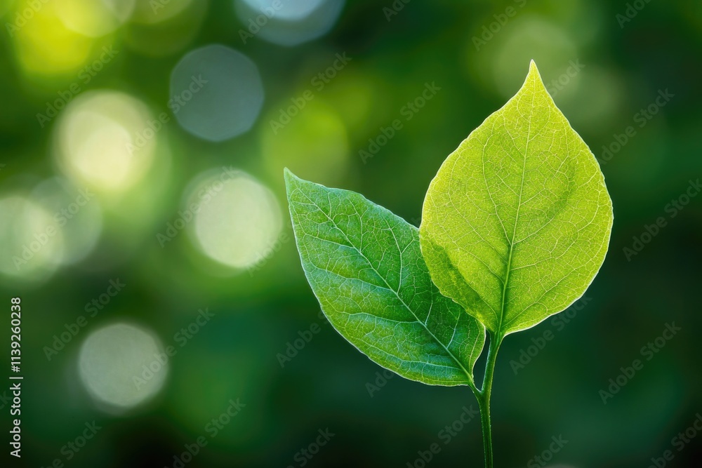 Two vibrant green leaves emerge from a stem against a blurred background Two vibrant green leaves emerge from a stem against a blurred background