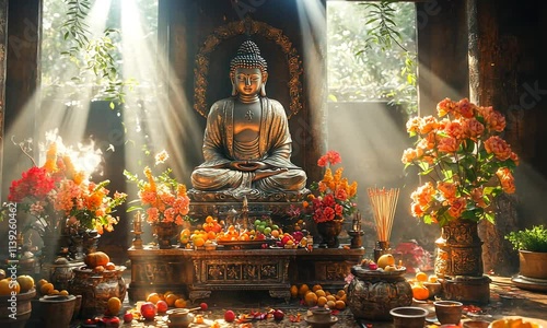 A serene Buddha statue surrounded by vibrant flowers, fruits, and incense in a tranquil setting.