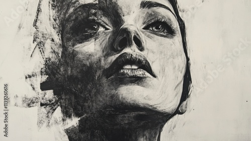Pensive Woman Gazing Upward, Charcoal Portrait, Minimalist Background