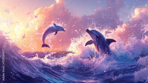 Playful Dolphins Leaping in Ocean Waves at Sunset - Dreamy Marine Scene