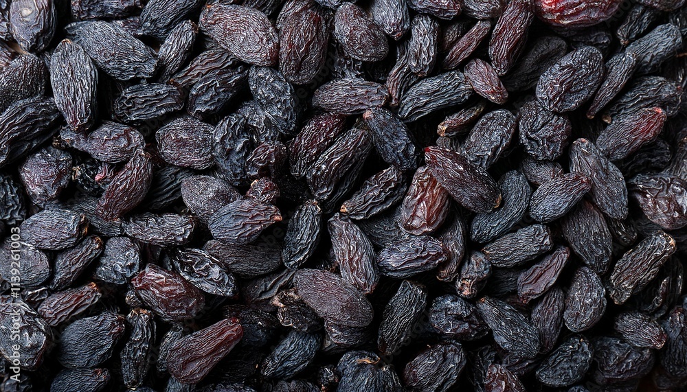 Flat Lay Top View of Bright Ripe Fragrant Black Raisin Fruit as Background Flat Lay Top View of Bright Ripe Fragrant Black Raisin Fruit as Background