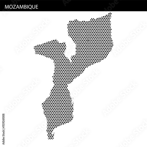 Outline of Mozambique with a hexagonal dotted pattern showcasing its unique shape