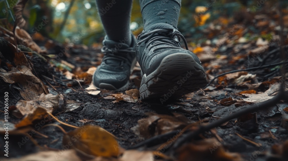Feet hiking on trail with leaves. Feet hiking on trail with leaves.