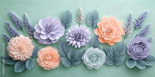Pastel paper flowers arrangement on a mint green background.