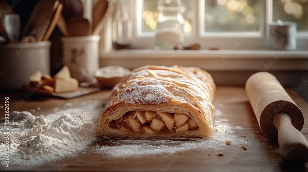 Apple strudel on wood kitchen counter with flour and rolling pin. Apple strudel on wood kitchen counter with flour and rolling pin.