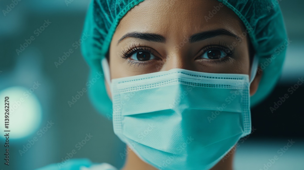 Close-Up Portrait of a Confident Female Healthcare Worker Wearing a Surgical Mask and Cap, Representing Dedication and Professionalism in Modern Medicine Close-Up Portrait of a Confident Female Healthcare Worker Wearing a Surgical Mask and Cap, Representing Dedication and Professionalism in Modern Medicine