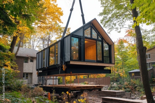 Modern prefab home being lifted by crane, nestled among autumn trees. Illustrates sustainable, efficient housing solutions for environmentally conscious living.