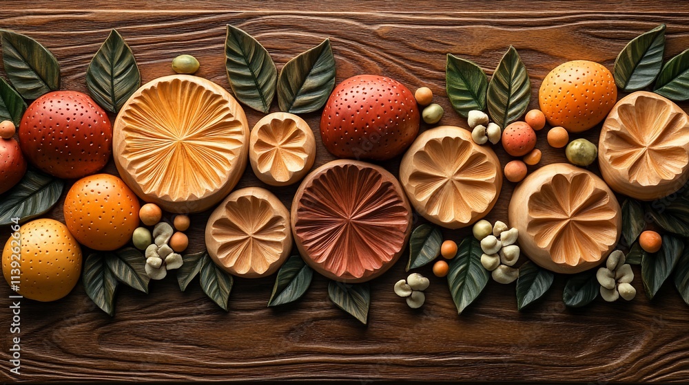 Colorful clay fruit and leaf arrangement on wood. Colorful clay fruit and leaf arrangement on wood.