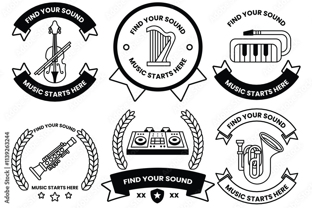 Obraz premium Set of illustrations in the concept of a musical instrument store in line illustration style