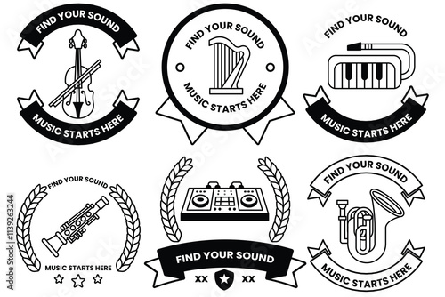 Set of illustrations in the concept of a musical instrument store in line illustration style