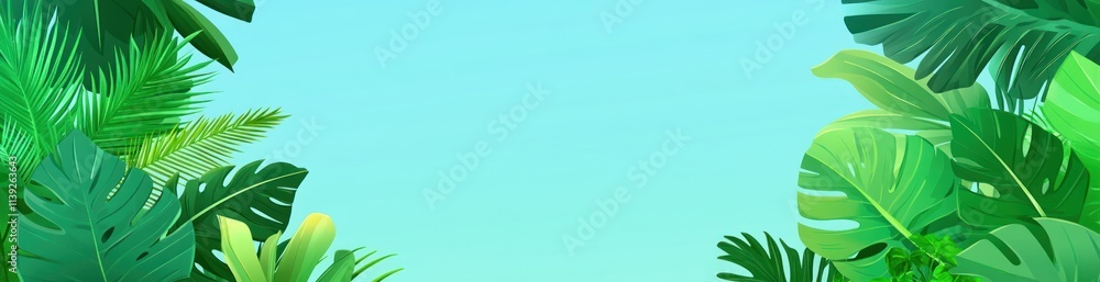 Lush, green tropical leaves frame light blue sky backdrop. Lush, green tropical leaves frame light blue sky backdrop.