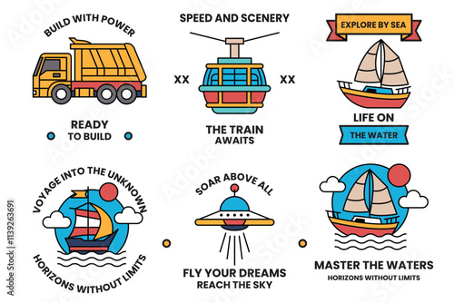 Set of illustrations in the concept of vehicles and travel in line illustration style