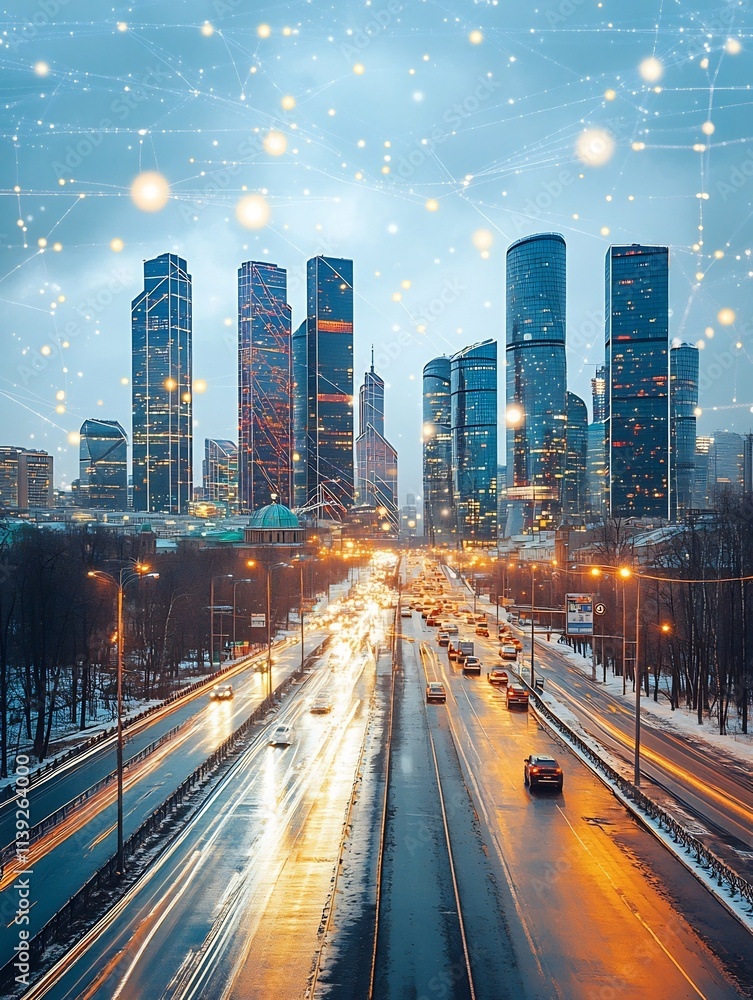 Fototapeta premium Futuristic Smart City Landscape of Moscow with Digital Community