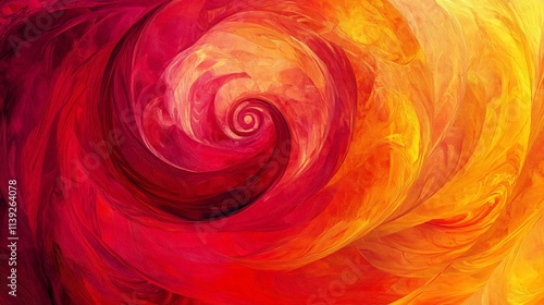 Colorful abstract artwork featuring swirling red, orange, and yellow hues in a spiral pattern, creating a dynamic and energetic composition.