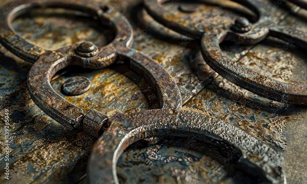 Close-up of intricate, rusty metalwork showcasing interlocking rings and textured surfaces, evoking a sense of age, history, and craftsmanship. Close-up of intricate, rusty metalwork showcasing interlocking rings and textured surfaces, evoking a sense of age, history, and craftsmanship.