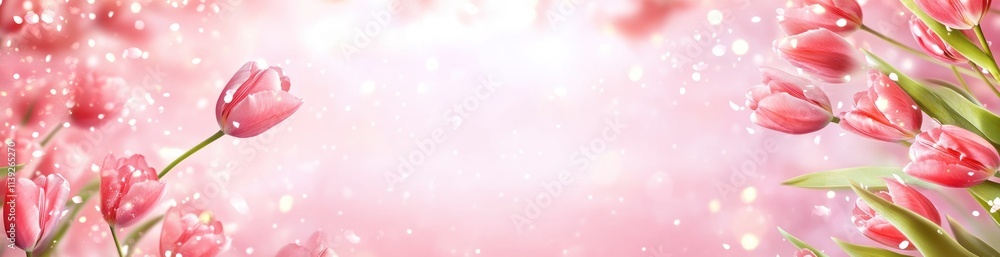 Pink tulips bloom with glittery bokeh, soft focus background. Pink tulips bloom with glittery bokeh, soft focus background.