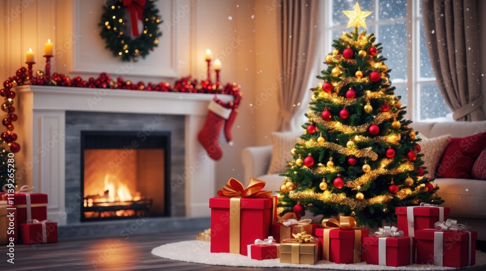 Christmas tree is lit up in a living room with a fireplace and presents Christmas tree is lit up in a living room with a fireplace and presents