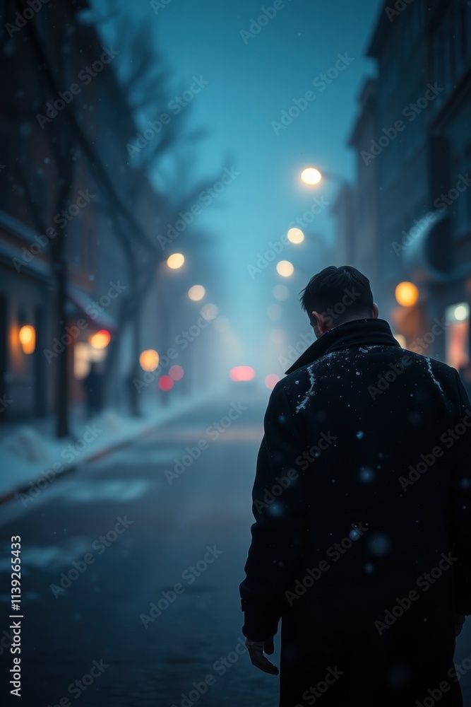 Man is walking down a snowy street at night Man is walking down a snowy street at night
